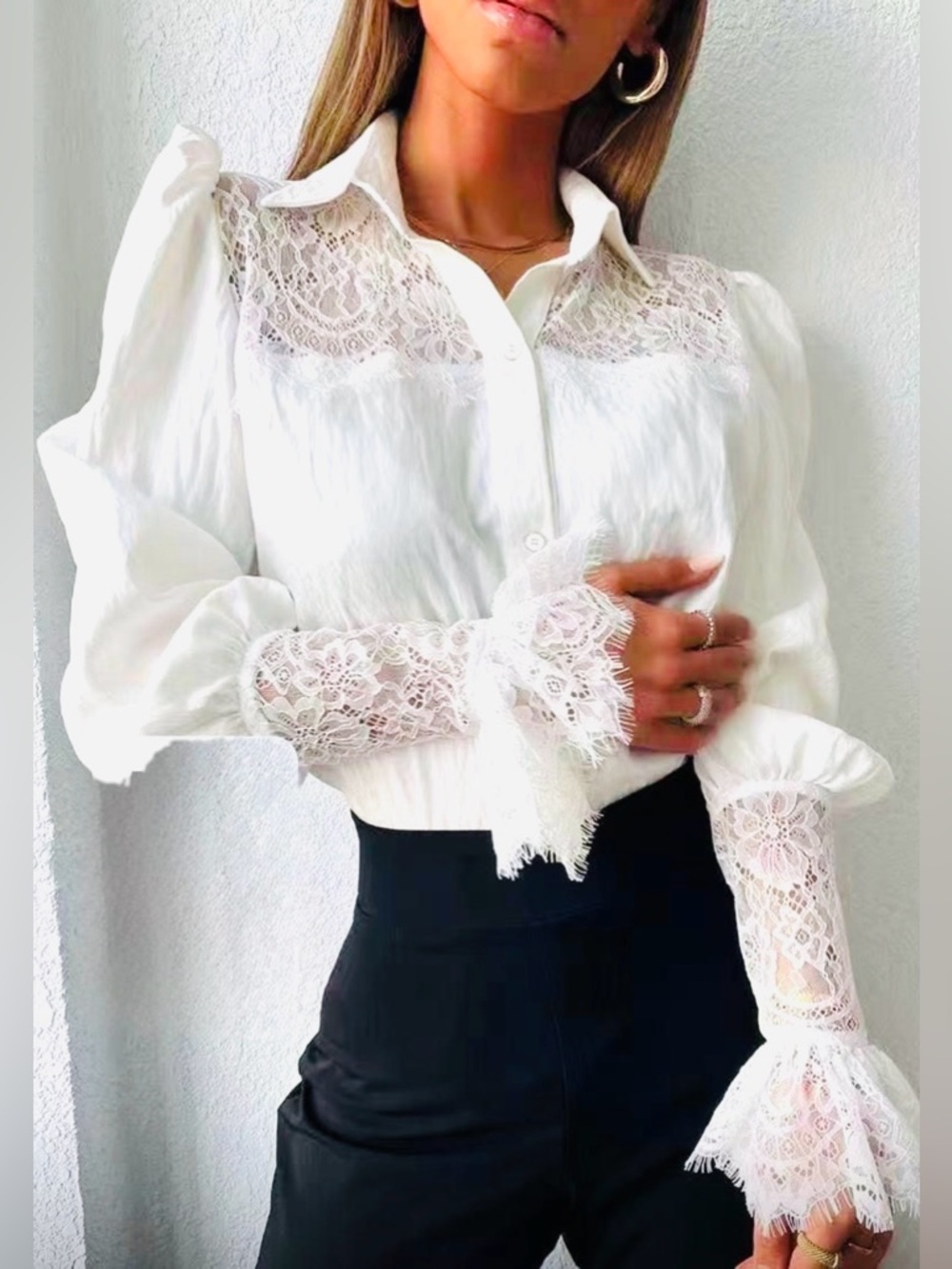 MONTE CARLO Women's White Lace Yoke Button-Down Blouse